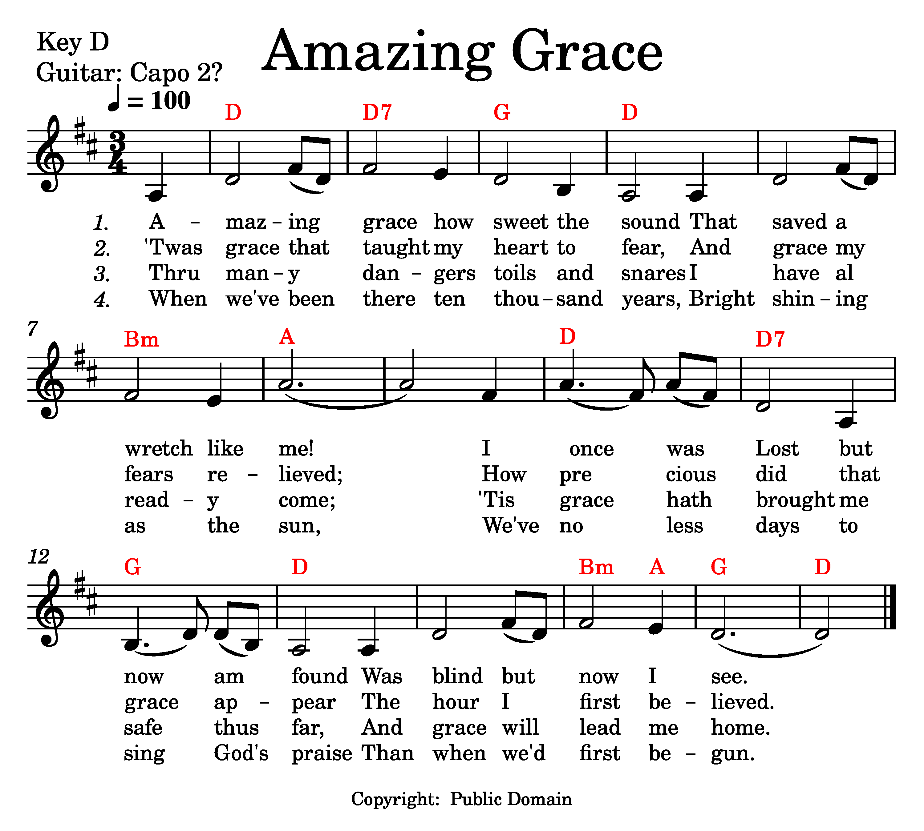 Amazing Grace music and lyrics.