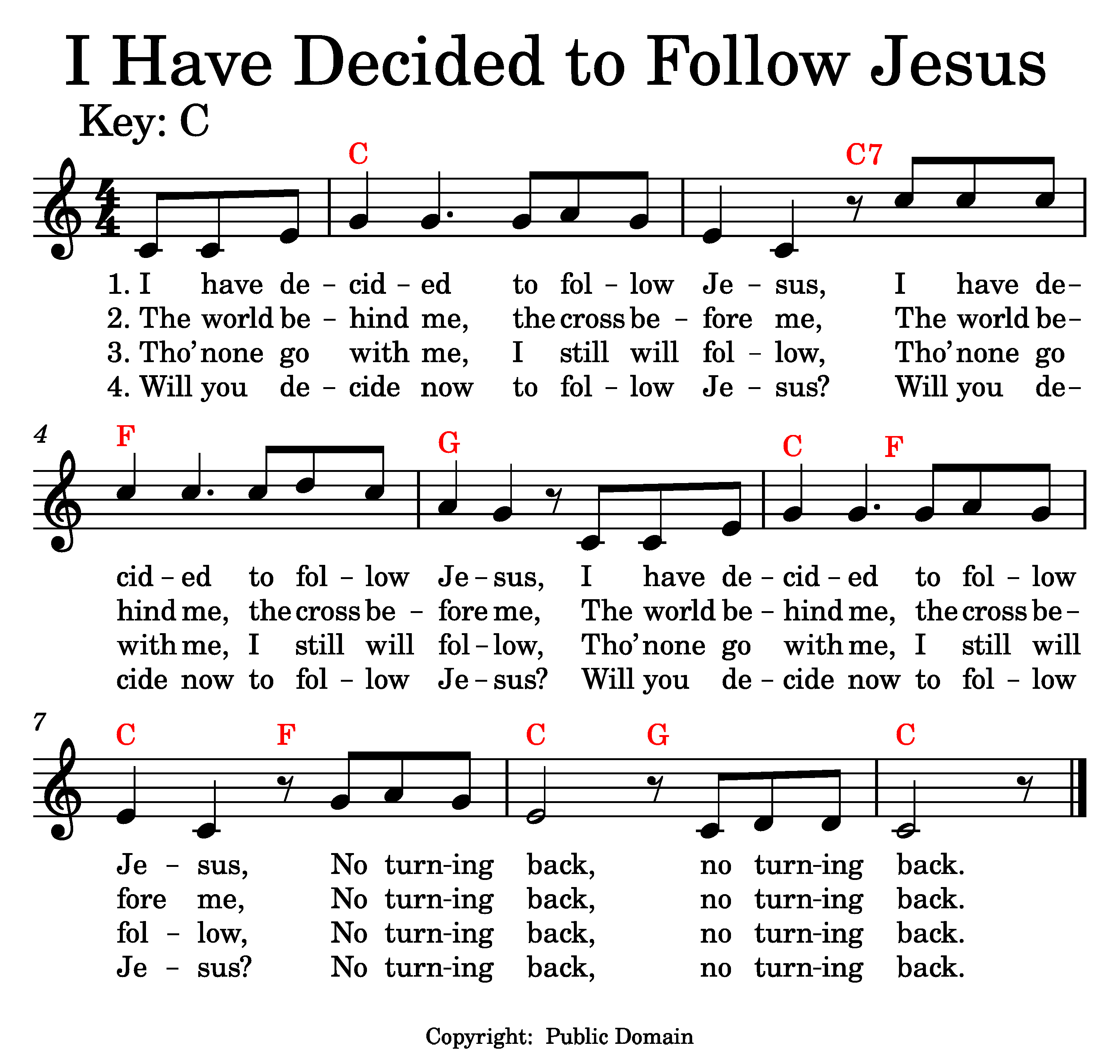 I Have Decided to Follow Jesus music and lyrics.